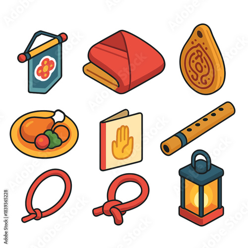 Portable Cultural Icons. Portable Cultural Elements isometric flat set: tiny heritage banner, foldable garment piece, carved charm, travel flute, compact feast dish icon, greeting