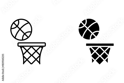 Front-facing view shows a simple, black outline of a basketball hoop with a net and backboard against a white background, perfect for design and illustration needs.