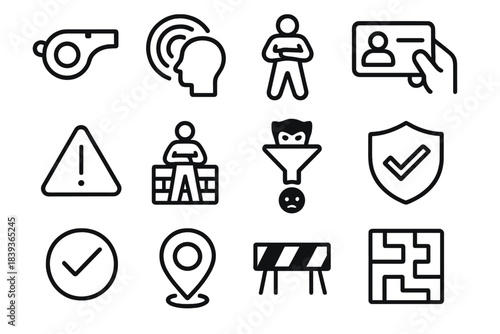 Personal Safety Icons. Personal Risk Prevention Set linear set: emergency whistle, situational awareness icon, protective stance figure, safe contact card, alert indicator, secure