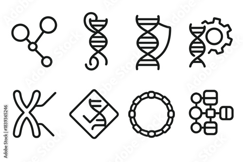 Genomic Icon Set. Hereditary stability structures linear set: repair node, chromatin anchor, telomere shield, helicase gear, replication arm, base checkpoint, scaffold ring, genome