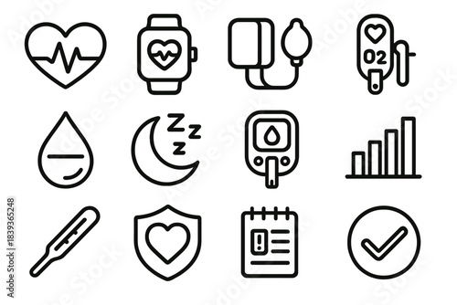 Health Monitor Icons. Health Monitoring linear set: heart-rate waveform, smart watch face, blood pressure cuff, oxygen saturation clip, hydration tracker drop, sleep cycle icon,