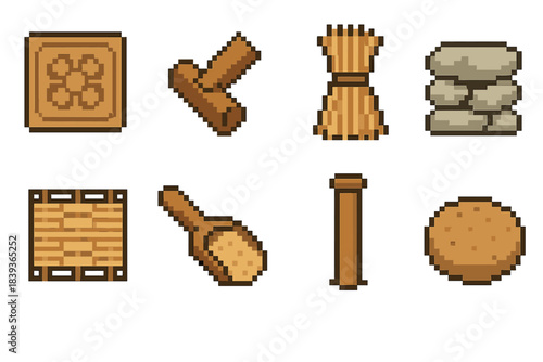 Heritage Construction Icons. Heritage construction techniques set of icons in flat pixel vector style: clay stamp mold, wooden dowel joint, bundled thatch, stacked stone layer,