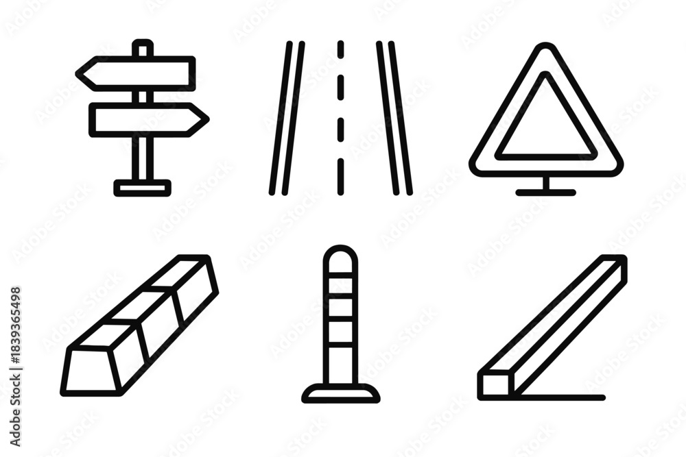 Fototapeta premium Street Icon Designs. Street Infrastructure Icons linear set: direction sign, road stripe, warning triangle, curb stone, traffic beacon, pathway edge.