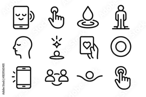Mindful Tech Icons. Mindful Tech Engagement linear set: calm screen, slow swipe icon, reflective droplet, grounded stance, clarity halo, gentle spark, balanced curve, intention