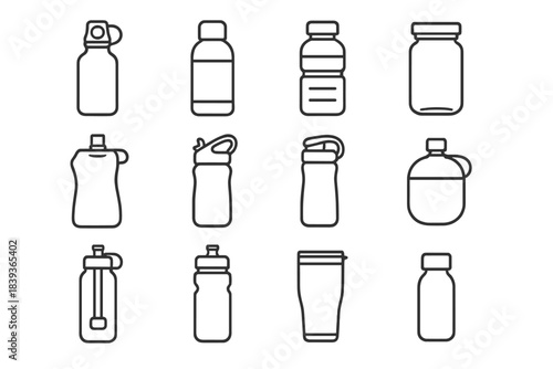 Reusable Water Containers. Reusable Water Containers linear set: steel hydration bottle, insulated travel flask, clear plastic bottle, eco glass canister, flexible pouch bottle,