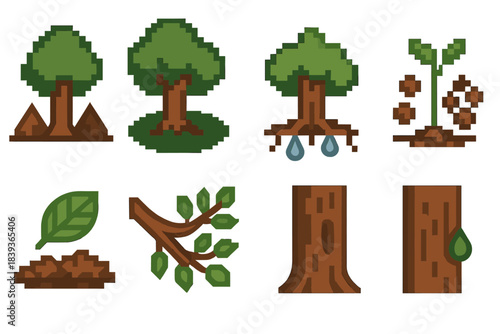 Woodland Icons Set. Woodland Tree Contributions set of icons in flat pixel vector style: trunk shelter zone, broadleaf shade, root-water anchor, seed source cluster, leaf-litter