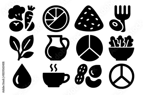 Wholesome Food Icons. Wholesome Eating Themes silhouette set: vegetable cluster, fruit segment, grain mound, protein fork icon, fresh herbs, water carafe, portion divider, salad