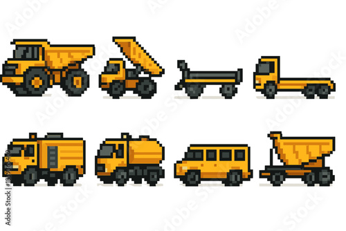 Transport Equipment Icons. Site Transport Equipment set of icons in flat pixel vector style: articulated hauler, compact dump unit, conveyor-linked cart, lowbed carrier,
