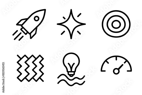 Innovation Icon Set. Innovation Momentum Set linear set: thrust arrow, catalytic spark icon, ripple-driven curve, accelerating pattern tile, idea wavefront, progress meter.