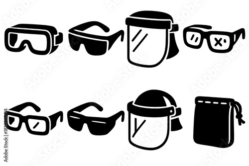 Bold Safety Eyewear Icons. Protective eyewear silhouette set: safety goggles, wraparound glasses, face shield, anti-fog lens, side-shield frame, tinted safety lens,