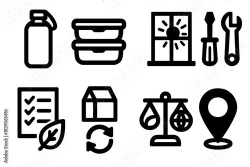 Conscious Living Icons. Conscious Daily Choices silhouette set: reusable bottle, meal prep containers, natural light window, repair kit tools, sustainable shopping list,