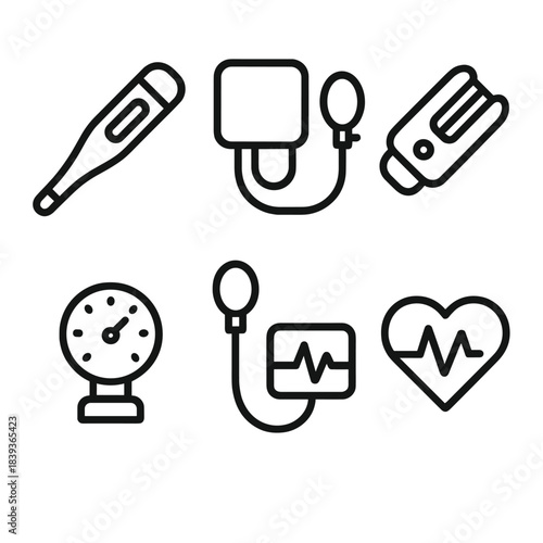 Vital Sign Icon Set. Vital Sign Monitoring Tools linear set: digital thermometer, manual BP cuff, pulse clip, respiratory gauge, heart rhythm probe, body temp icon.