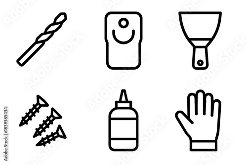 Home Repair Tools Icons. Home Repair Fundamentals linear set: drill bit, stud finder, putty blade, spare screws, wood glue, protective glove.