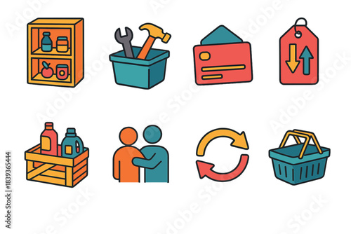 Community Sharing Icons. Community Resource Set isometric flat set: shared pantry, tool library bin, borrowing card, give-and-take tag, shared supply crate, help-your-neighbor