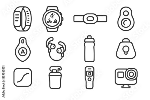 Tech Gear Icons. Athletic Tech Gear linear set: activity tracker, multi-sport watch, chest-strap HR monitor, cadence pod, GPS clip, wireless sport buds, smart water bottle, agility