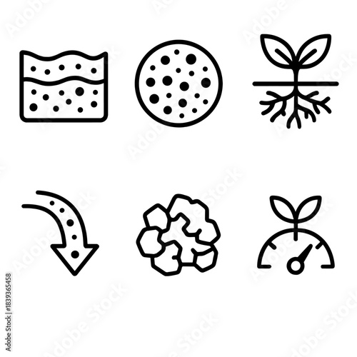 Soil Ecosystem Icons. Healthy Soil Dynamics linear set: humus-rich layer, bacterial colony dot, fungus–root link, nutrient flow path, stable soil crumb icon, soil health indicator.