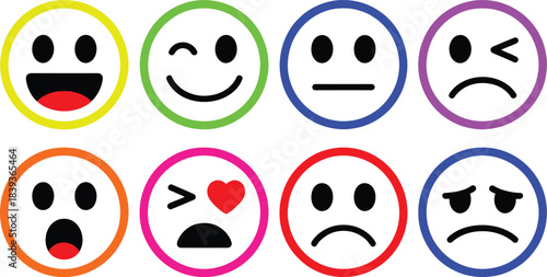 A set of eight simple, minimal, black and white line-art emoji icons enclosed in purple circles, depicting various emotions like happy, sad, surprised, and neutral, in a vector art style