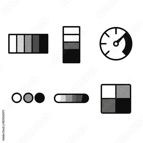 Monochrome Mood Icons. Monochrome Mood Pack linear set: single-hue strip, tint scale, shade scale, tone scale, light–dark dial, minimal swatches, micro gradient, palette tile. .