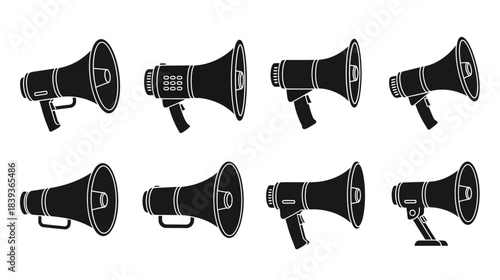 A collection of black and white megaphone illustrations in various positions