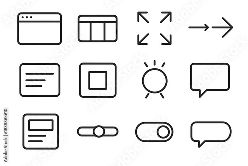 Design Icon Elements. Design Prototype Themes linear set: outline screen, panel module, spacing markers, arrow connector, text box, block element, interaction hotspot, popover