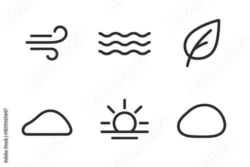 Calm Nature Icons. Natural Calm Elements linear set: soft breeze line, quiet stream, gentle leaf, distant hill, calming sun, resting stone.