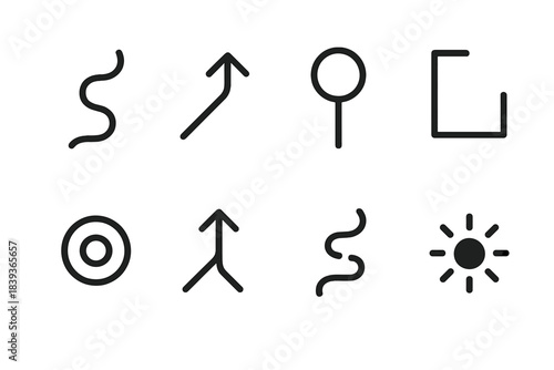 Elegant Path Icons. Conceptual Path Icons linear set: meandering line, directional glyph, anchor node, contour bend, waypoint ring, diverging paths, guidance trace, luminous dot.
