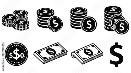 Stacks of money dollar signs and cash illustrations in a black and white design