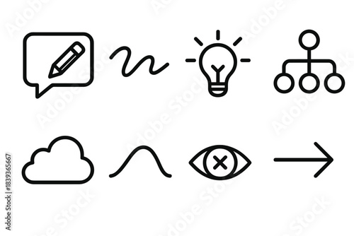 Creative Communication Icons. Creative Communication Icons linear set: pencil speech bubble, expressive line, idea spark, branching nodes, concept cloud, storytelling arc, visual