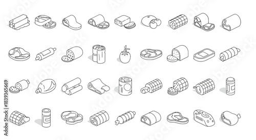 Set of meat icons isolated on collection of doodle style vector illustrations for web design and print food and gastronomy