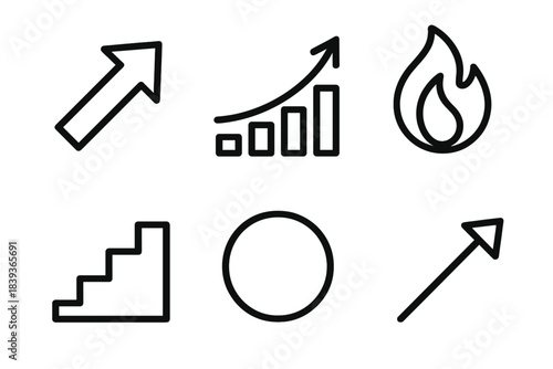 Motivational Icon Set. Professional Motivation Drive linear set: momentum arrow, rising curve, determination flame, steady steps, commitment ring, purpose line.