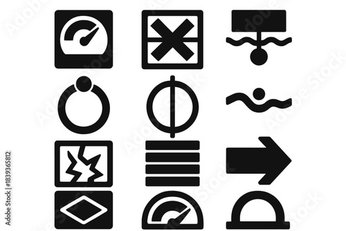 Indestructible Icons Set. Resilience Under Pressure silhouette set: stress gauge tile, compression node, load bar, strain ring, tension cue dot, flex patch, recovery stripe, stress