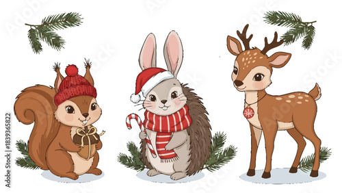 Cute cartoon christmas animals squirrel in a red hat, hedgehog in santa hat and scarf, and fawn with antlers, isolated on transparent background