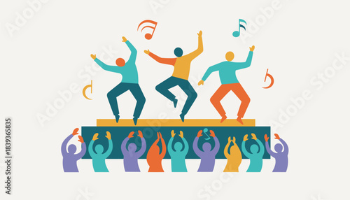 A vibrant outdoor festival scene with dancers moving energetically on a stage while an audience claps and sways to the rhythm of the lively music.