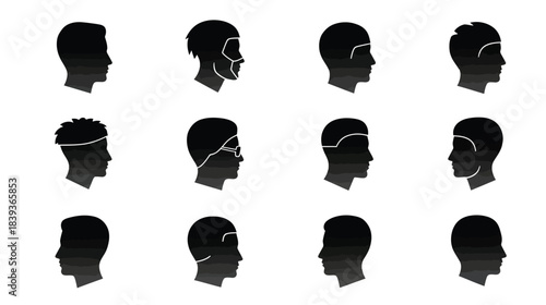 Collection of diverse black silhouette profiles representing human heads and faces