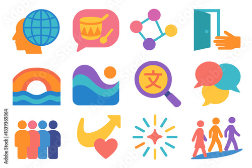 Cultural Icons Array. Cultural Understanding Icons flat set: global perspective icon, shared traditions bubble, connection nodes, open-door gesture, cultural bridge, inclusive wave