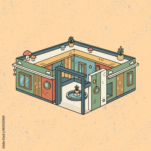 Minimalist courtyard house with open-frame entrance isolated. Architecture building vector illustration. Suitable for poster dan web design.
