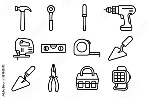 Outline Construction Tools. Construction Tool Set linear set: claw hammer, ratchet wrench, flathead driver, rotary drill, jigsaw, bubble level, ruler tape, safety knife, brick