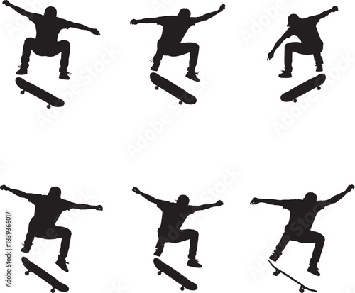 Dynamic silhouettes of a skateboarder performing various aerial tricks