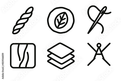 Artisan Craft Icons. Creative Craft Motifs linear set: fiber twist, clay imprint, stitch loop, carved groove, layered piece, artisan symbol.