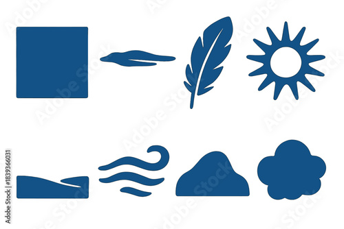 Sky Icon Set. Boundless Sky Elements silhouette set: vast blue expanse, cirrus cloud strip, soaring feather, sunburst glow, open plain, breezy wave line, distant hill, airy mist