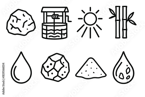 Natural Resource Icons. Basic natural materials linear set: limestone fragment, groundwater well, solar ray icon, bamboo stalk, crude oil droplet, iron ore piece, sand pile, tree