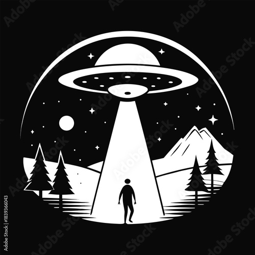 Ufo beam on person in starry night landscape vector illustration.