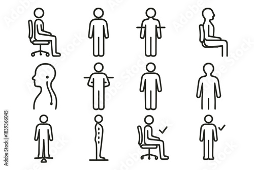 Ergonomic Sit-Stand Icons. Ergonomic Sit–Stand Icons linear set: healthy sitting pose, balanced standing posture, lumbar bolster, cervical alignment, shoulder-level cue, pelvis