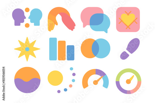 Healing Concepts Icons. Restorative Healing Concepts flat set: mutual understanding node, compassion arc, open-dialogue tile, emotional repair patch, clarity moment spark,