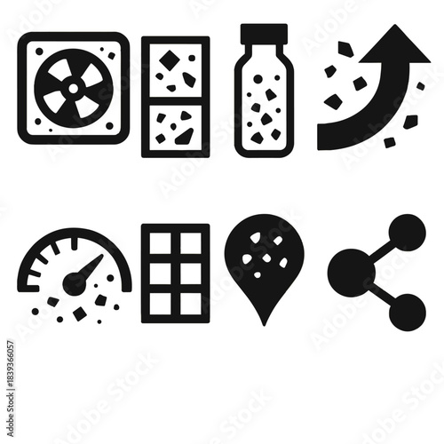 Environmental Icon Set. Environmental micro-debris mapping silhouette set: particle sensor icon, micro-fragment tile, sampling vial, drift path arrow, density gauge, detection grid