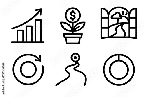 Financial Growth Icons. Financial Wellbeing Growth linear set: investment bar, rising curve, seedling coin, opportunity window, progress ring, future path.