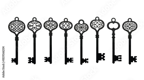 An assortment of vintage skeleton keys displayed in a horizontal arrangement
