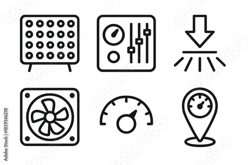 LED Panel Controls. Advanced Plant Lighting linear set: LED panel array, control interface tile, spectrum adjustment knob, directional light arrow, cooling tile, illumination meter