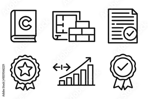 Architectural Blueprint Icons. Building Standards Set linear set: codebook, structural blueprint, load-bearing icon, specification sheet, rating badge, alignment arrows, benchmark
