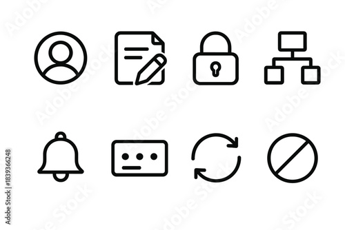 Digital Account Icons. Digital account tools linear set: user avatar, edit settings sheet, login lock, permission chart, notification icon, backup code card, sync arrows,